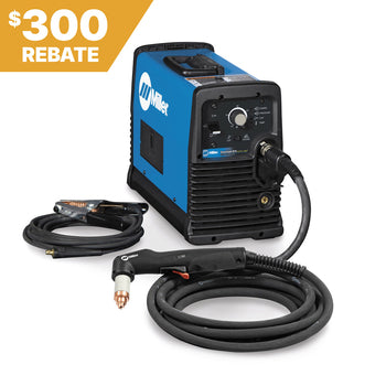 Miller Spectrum 875 Plasma Cutter shown with 50 ft. torch, attached cables, and a 300 rebate banner in the upper left corner.