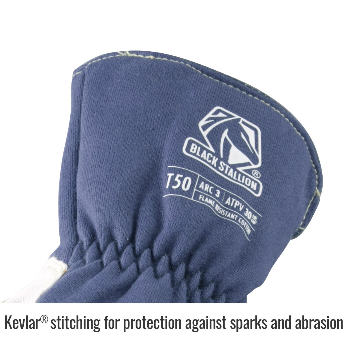 Black Stallion Revco T50 TIG Glove—close-up cuff with logo, Kevlar stitching, and flame-resistant details.