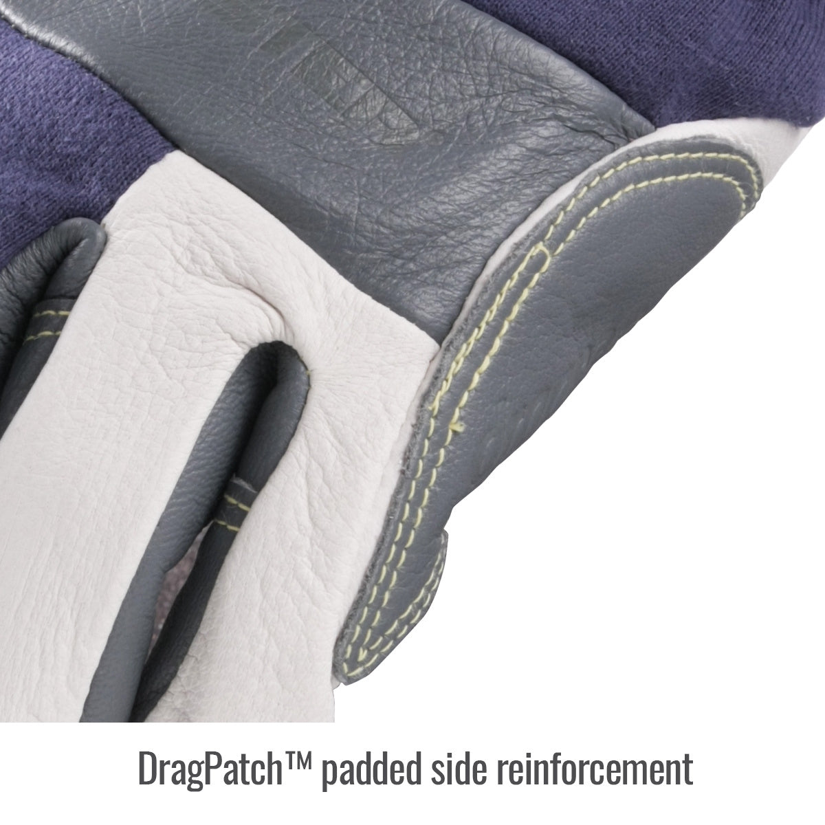 DragPatch™ detail on T50 Revco Tigster TIG Gloves—close-up of gloved hand highlighting Kidskin/FR Cotton patch.