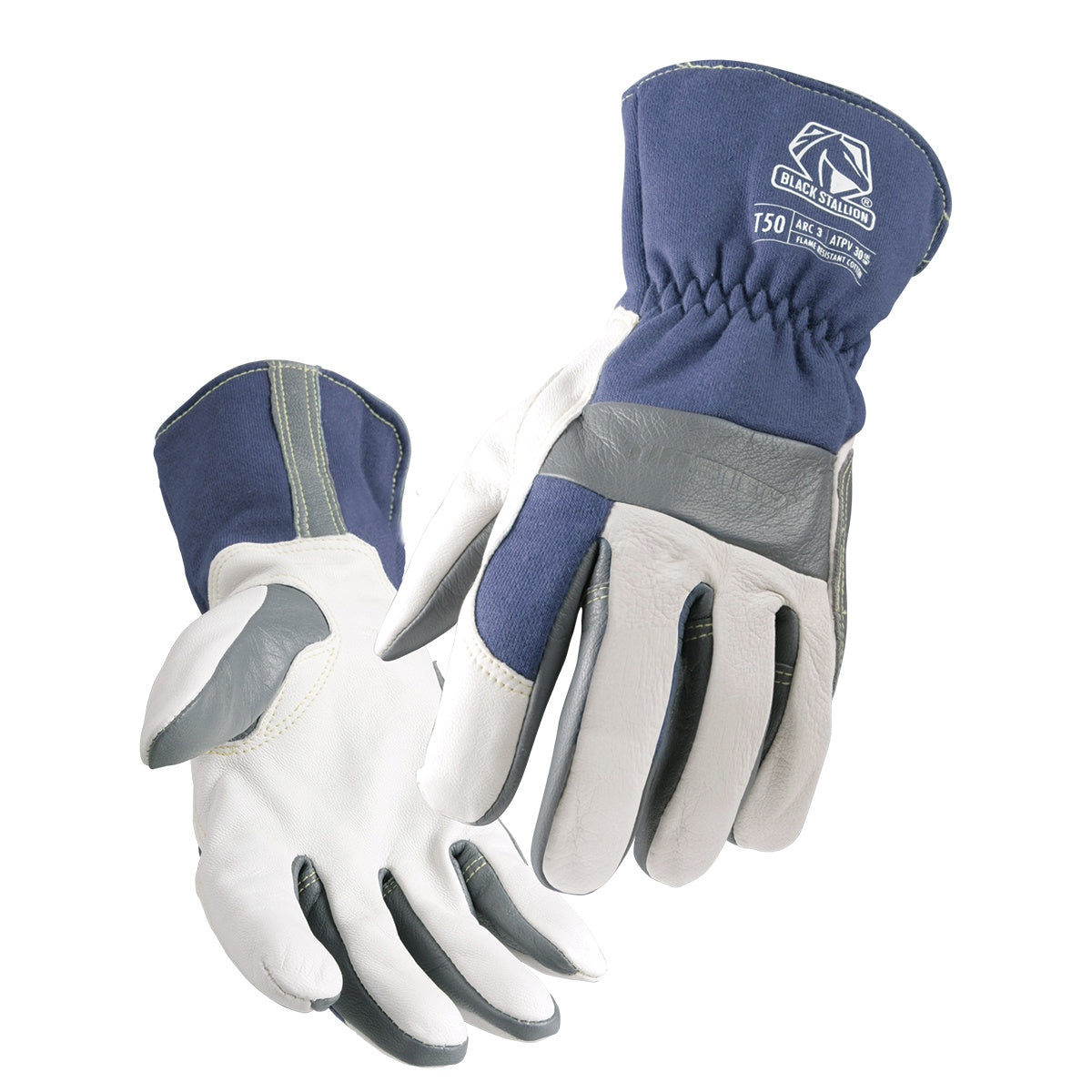 Black Stallion T50 TIG Gloves—premium kidskin FR cotton, blue/white design, gray reinforced palms, protective work gloves.