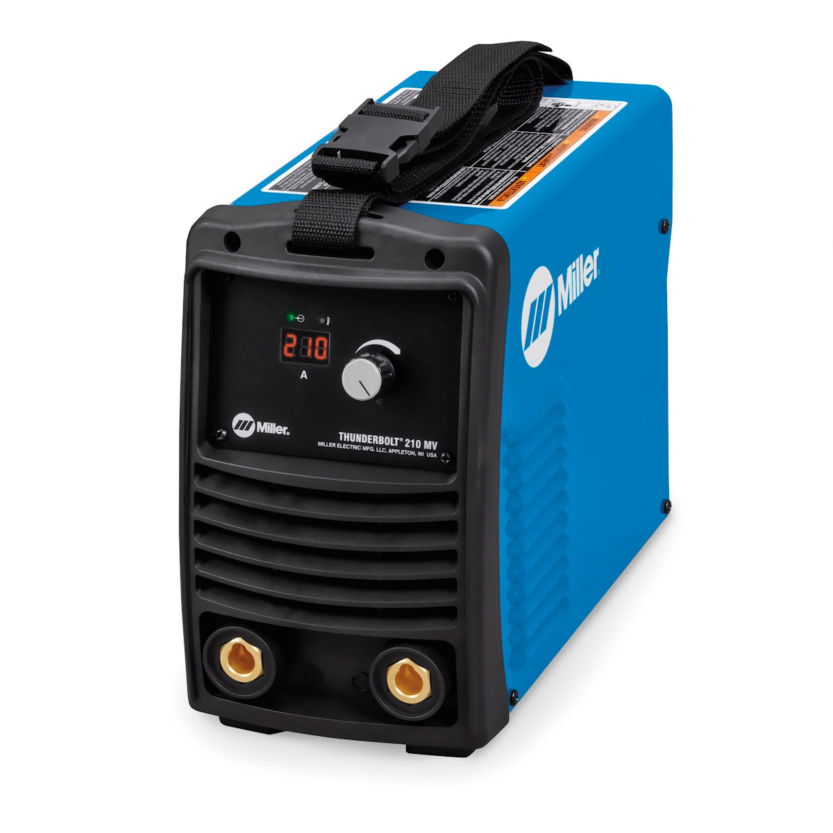 Thunderbolt 210 907909: DC stick welder with Hot Start, digital display, and carrying strap for easy transport.