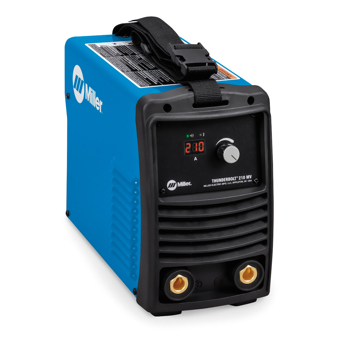 Miller Thunderbolt 210 DC Stick Welder 907909 with digital display, control knob, Hot Start function, and carrying strap.