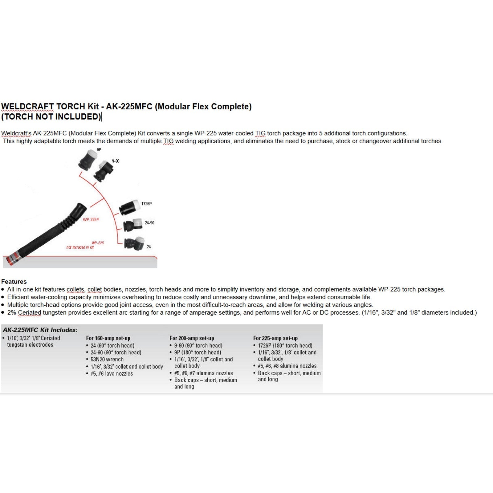 Miller Weldcraft W-225 TIG Torch Accessory Kit (AK-225MFC)