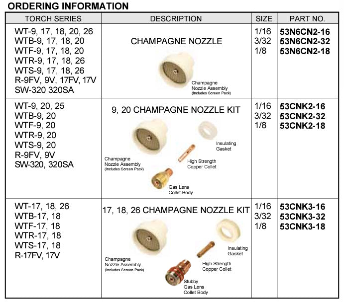 Weldtec Champagne II Super Size TIG Nozzle Kit for 9, 20 Torches (K53CN2)