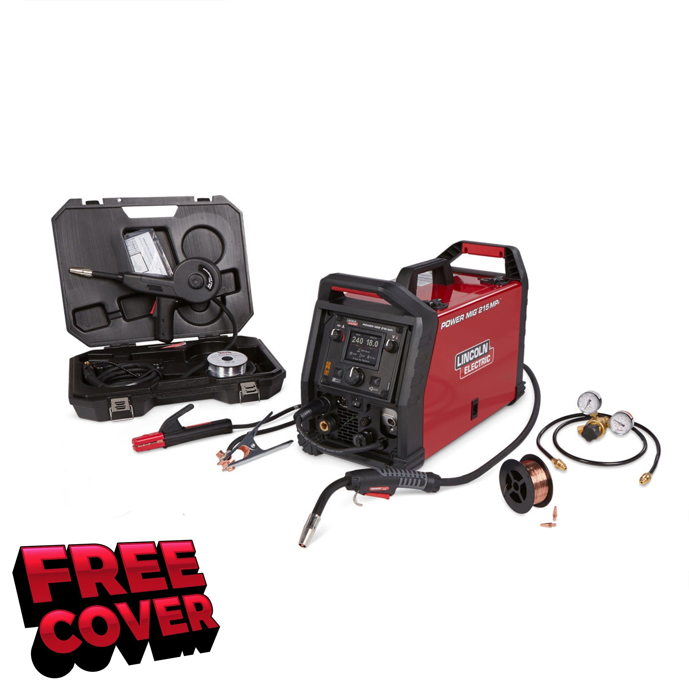 Lincoln Power MIG 215 MPi Multi Process Welder K4877-1 with accessories, plus FREE COVER highlighted in bold red text.