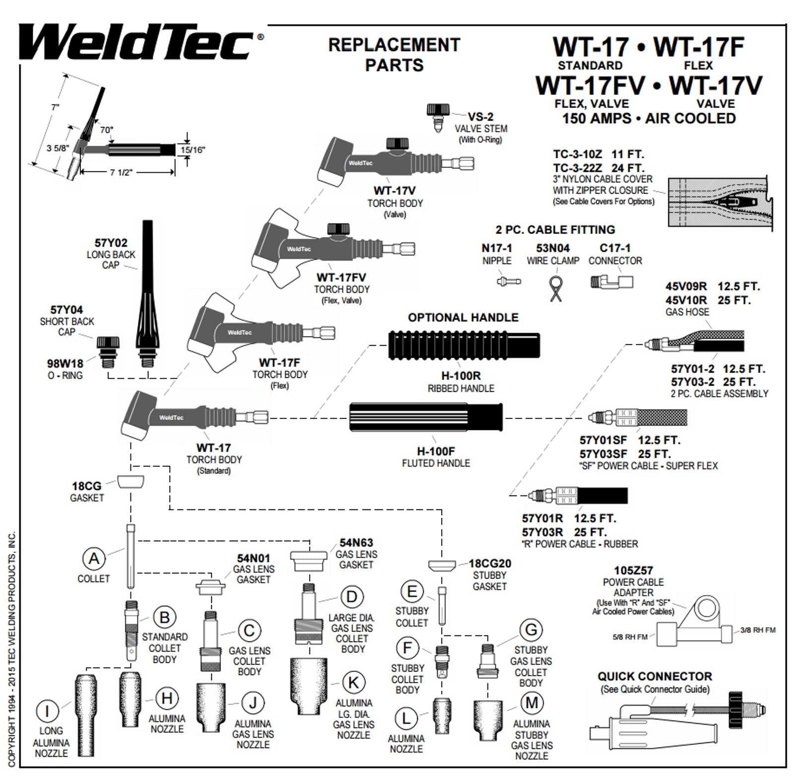 Weldtec 150 Amp Air Cooled TIG Torch - 25' (WT-17-25R)