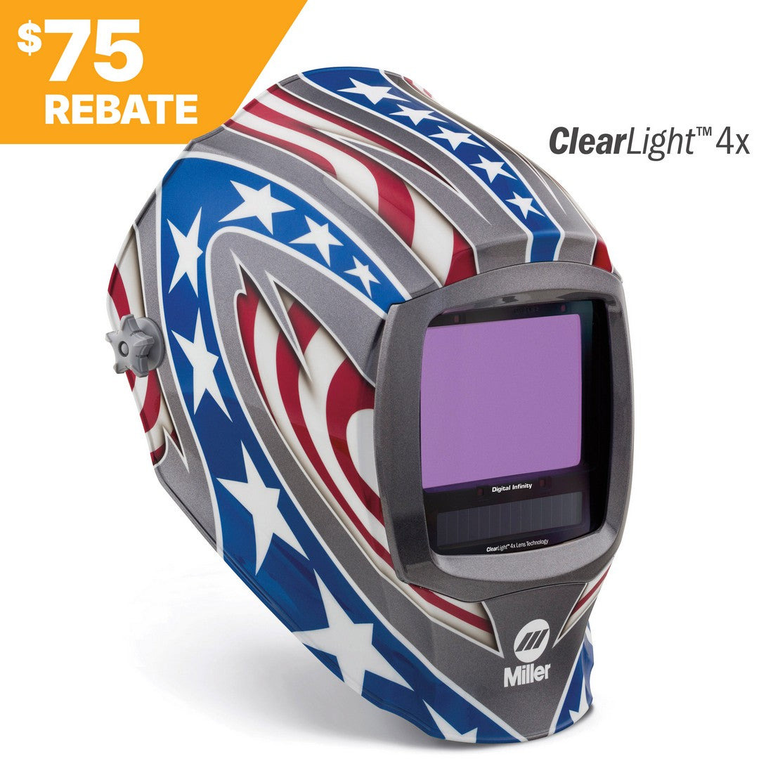 Miller Digital Infinity Stars  Stripes Welding Helmet w/ClearLight 4X Lens, 75 rebate. Welding helmet with US flag design.