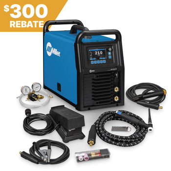 Miller Syncrowave 212 AC/DC TIG Welder 907911 with digital display, cables, accessories, and 300 rebate shown.