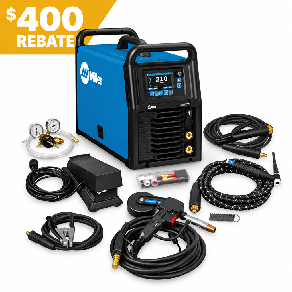 Miller Syncrowave 212 AC/DC TIG Welder with Spoolmate 150, accessories, cables, and 300 rebate label in corner.