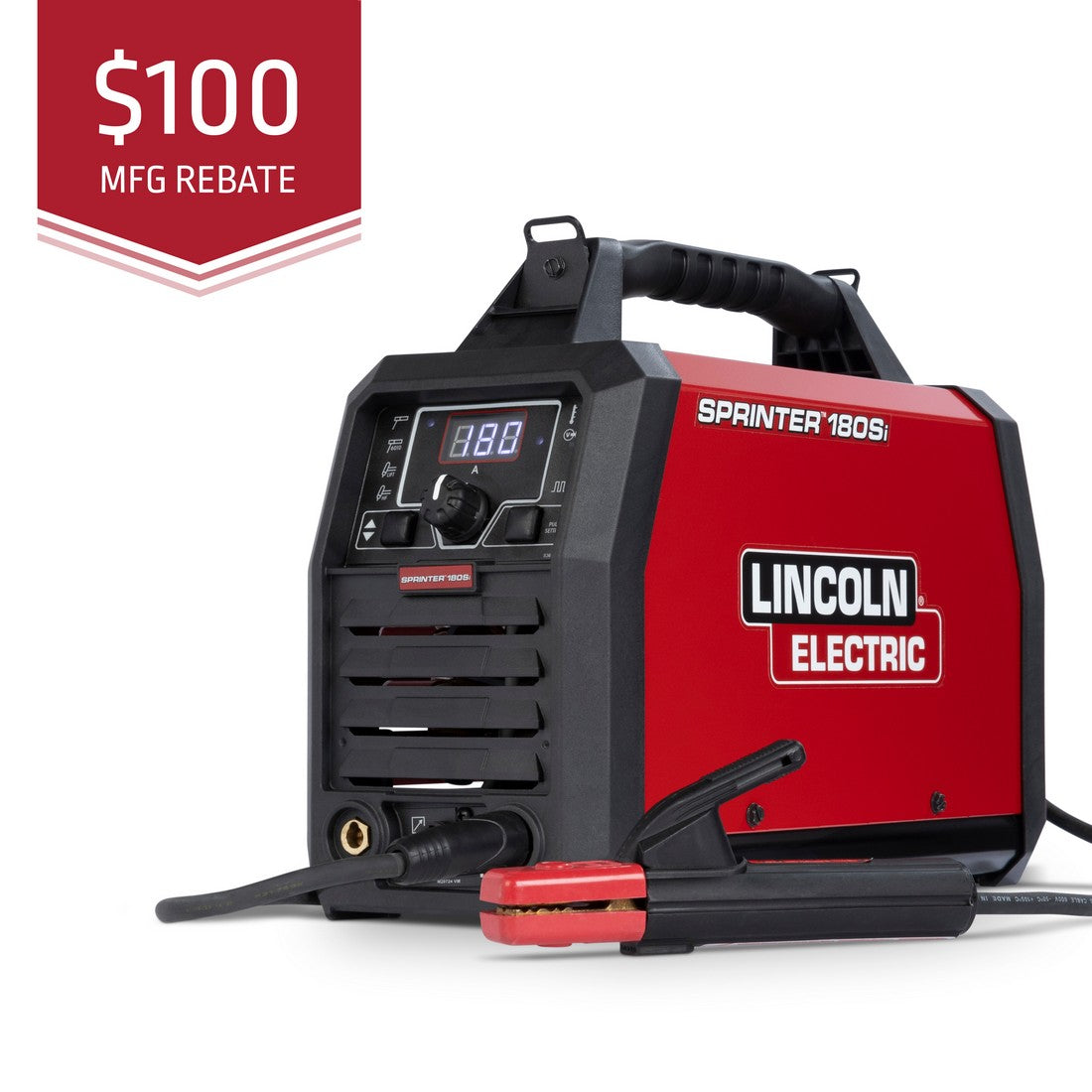 Red Lincoln Sprinter 180Si Stick/Tig Welder K5453-1 features a digital display; 100 rebate badge in upper left corner.