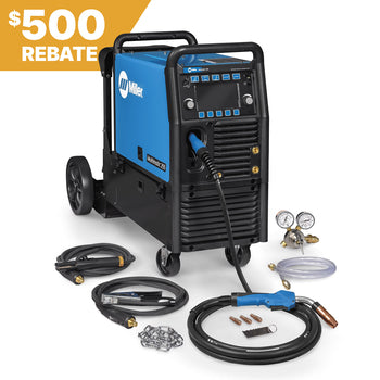 Miller Multimatic 255 Pulsed Welder 951767 with running gear and cables, 500 rebate banner in the corner.