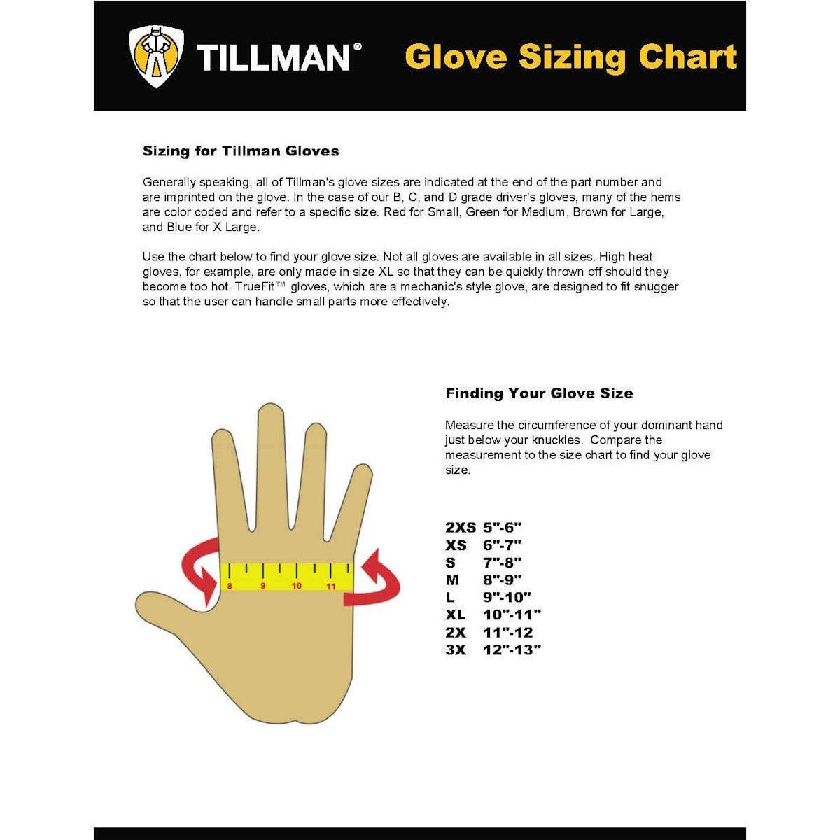 Tillman glove sizing chart shows a hand with measuring tape at knuckles, guides sizes 2XS-3XL by hand width (in inches), plus steps to find your Tillman 44 Black Onyx Premium Kidskin TIG Welding Gloves size.