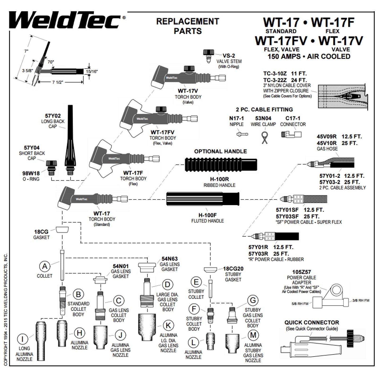 Weldtec 150 Amp Air Cooled TIG Torch with V 25' (WT-17V-25R)